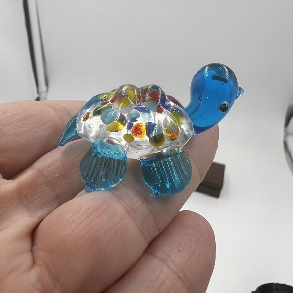 MINIATURE Art GLASS Blue Turtle FIGURINE Multicolor Tiny Collectible Trinket - Picture 2 of 7